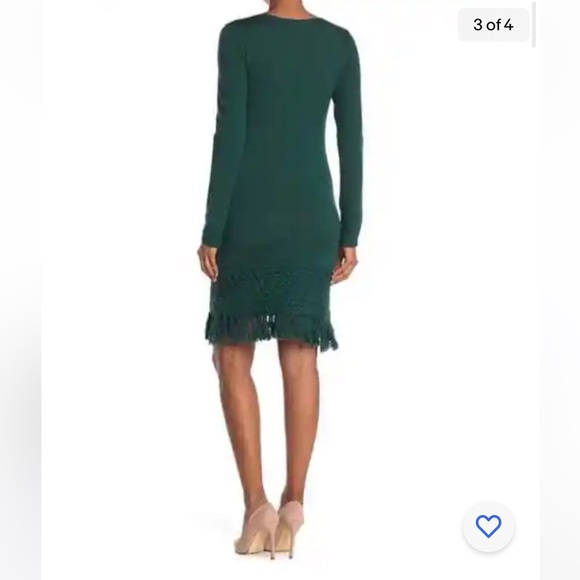 Trina Turk Over Ice Tassel Hem Merino Wool Sweater Dress in Bottle Green. Size M - Picture 4 of 15